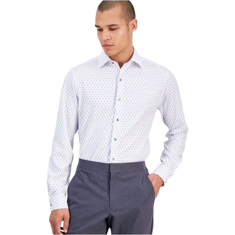 Alfani Mens Dash Diamond Print Button Down Dress Shirt, White, 17-17.5 Neck, DM